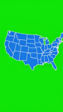 Animated USA Map with State Highlighting of united states america showing different contiguous lower 48 u s on an isolated chroma key background distortion, green screen overlay, glitch, static noise