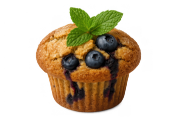 Blueberry muffin with fresh berries and mint leaf, a baked snack for breakfast or dessert, transparent background