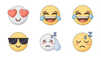 Emojis for various emotions on white background icon set collection