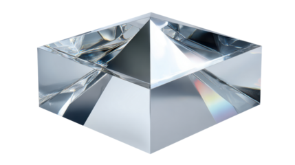 Crystal prism showing light refraction and reflection on clear faceted glass with science optics concept