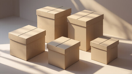 Fototapeta premium Kraft boxes arranged isometrically on gradient — packaging mockup set, 3D-stylized render