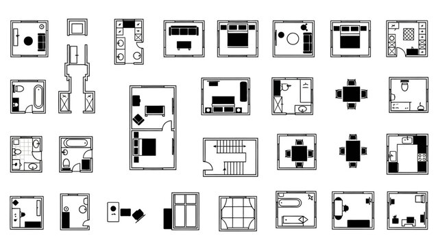 Collection of architectural drawings showcasing house floor plans and room layouts in monochrome