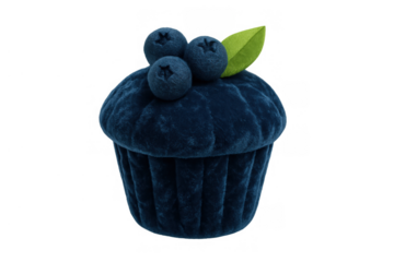 Blue velvet cupcake with blueberries and leaf, a plush toy dessert, representing softness and sweetness on transparent background