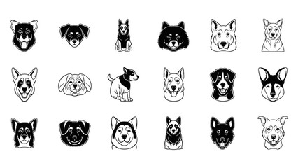 Fototapeta premium Collection of cute dog breed illustrations in black and white minimalist style