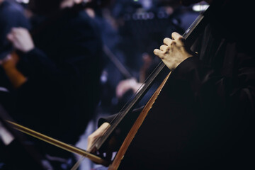 Concert view of contrabass violoncello player with vocalist and musical band during string concert, jazz orchestra performing music, violoncellist cello jazz player on stage in club, music arena hall