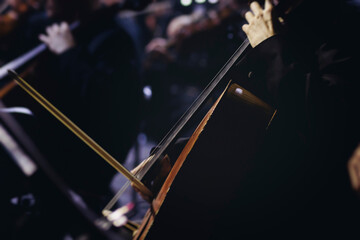 Concert view of contrabass violoncello player with vocalist and musical band during string concert, jazz orchestra performing music, violoncellist cello jazz player on stage in club, music arena hall