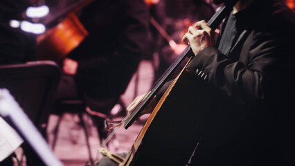 Fototapeta premium Concert view of contrabass violoncello player with vocalist and musical band during string concert, jazz orchestra performing music, violoncellist cello jazz player on stage in club, music arena hall