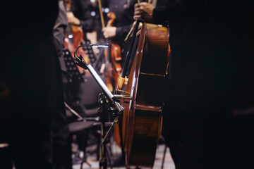 Concert view of contrabass violoncello player with vocalist and musical band during string concert,...