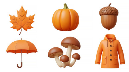 Orange Icons Set Featuring Pumpkin, Umbrella, Acorn, Leaf, and Mushrooms in a Cozy Nature Environment