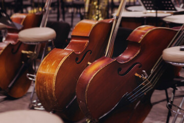 Concert view of contrabass violoncello player with vocalist and musical band during string concert,...