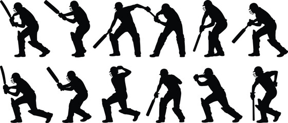Cricket player silhouettes in varied batting stances — sports motion reference for technique, gear, posture, and athletic action