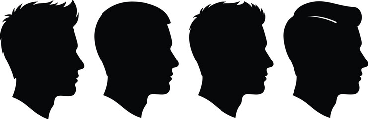 Male hairstyle silhouette, profile view, black head icons, trendy haircut styles, grooming reference, fashion design, barbershop concept, vector illustration