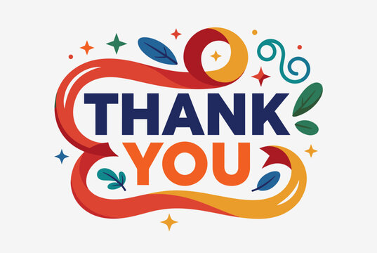 A vibrant and colorful "Thank You" message with decorative swirls and stars.