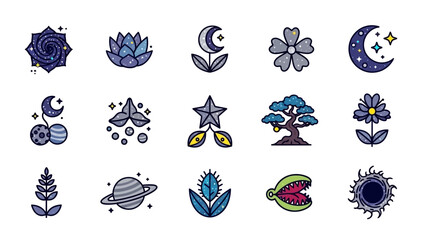 Collection of whimsical and modern vector icons featuring celestial and floral elements