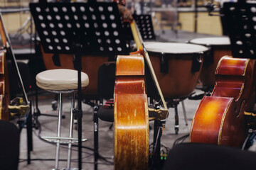 Concert view of contrabass violoncello player with vocalist and musical band during string concert, jazz orchestra performing music, violoncellist cello jazz player on stage in club, music arena hall