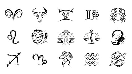 Collection of Zodiac Signs: A Black and White Illustration of Astrological Symbols, Featuring