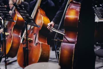 Concert view of contrabass violoncello player with vocalist and musical band during string concert,...