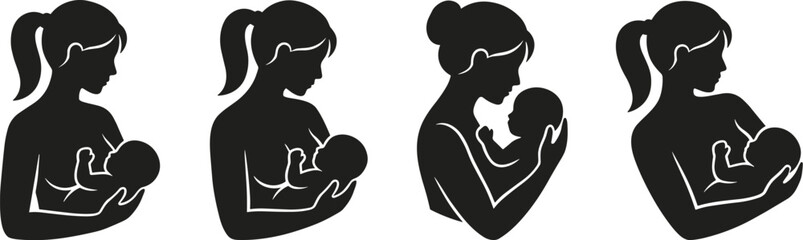Mother, baby, silhouette, bonding, love, parenting, care, nurturing, infant, embrace, motherhood, profile, woman, child, cuddle, affection, connection, maternal, black, illustration