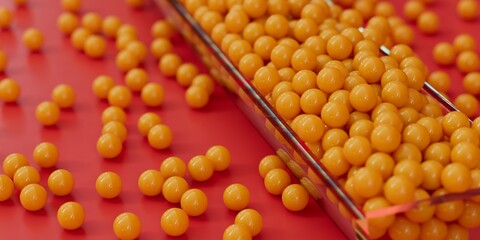 Small yellow balls in a transparent container 3D computer generated background image 
