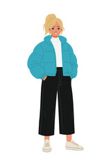 Winter fashion woman standing on white background wearing warm coat hat sweater leggings boots and bag modern cold season outfit character illustration for design use.