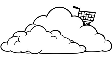 E-commerce cloud computing concept with shopping cart on a cloud. Online shopping, digital marketplace, web services line art illustration.