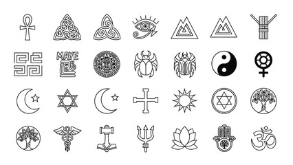 Diverse collection of spiritual and cultural symbols in minimalist black and white design