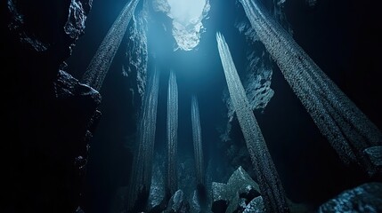 Underwater cave, basalt columns, light above, dark depths, nature exploration