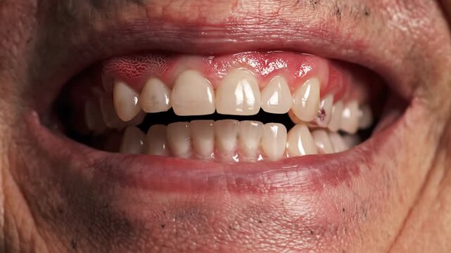Close-up of a persons mouth with visible teeth and gums, showing dental health.