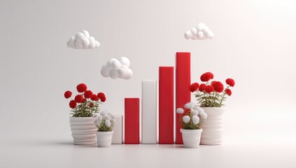 Abstract graphic design with red and white bar graph, fluffy clouds, and potted flowers