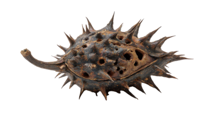 Dried spiky plant seed pod showing a withered husk and sharp thorns, representing nature's defense and resilience