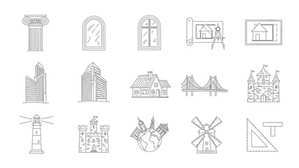 Elegant line art icons set featuring architectural elements and landmarks design project