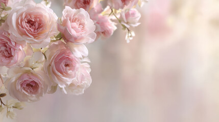 Soft pink rose bouquet in delicate arrangement, romantic floral background with soft light and bokeh, gentle petals and vintage mood, suitable for memorial card or invitation