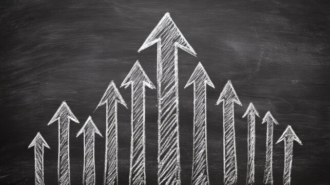 Chalkboard arrows pointing upward in white chalk showing growth and teamwork concept with textured blackboard background - Powered by Adobe