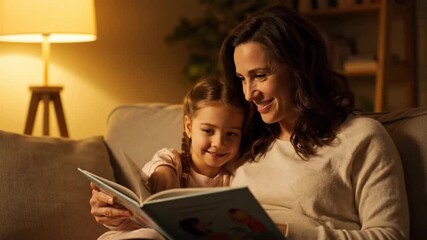 A cozy indoor scene of a mother reading to her daughter.