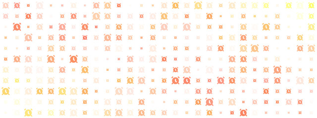 Abstract digital pattern of repeating alarm clock icons in warm orange and yellow hues on a dark transparent background, symbolizing time, urgency, and deadlines.
