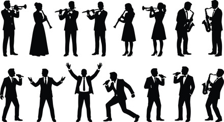 Musicians performing, trumpet, flute, saxophone, clarinet, singers, vocalists, silhouettes, concert, stage, music, harmony, entertainment, live, expressive, artistic, ensemble, performance
