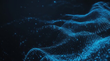 Abstract glowing blue digital particle wave structure in dark space