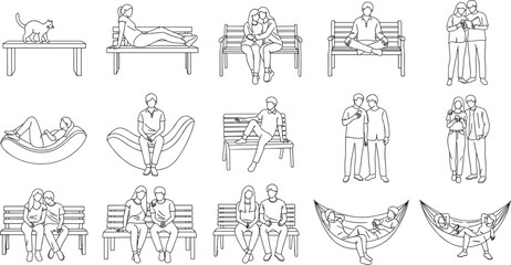 people, bench, hammock, cat, relaxing, sitting, interaction, modern furniture, outdoor, lifestyle, posture, social, casual, urban, minimalist, illustration, blue line, concept, everyday activity