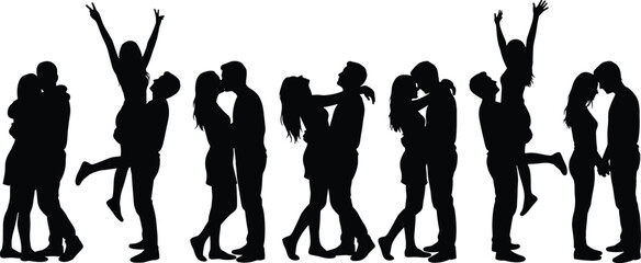 Romantic couple silhouette, love embrace, joyful kiss, passionate hug, emotional connection, black figures, white background, relationship pose, happy moment, intimacy