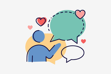 Stylized illustration of a person engaging in conversation with multiple speech bubbles and hearts, symbolizing positive communication and feedback.