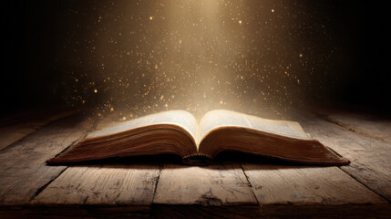 Open Bible with glowing pages on old wooden table, warm light and floating golden particles create sacred, serene atmosphere of inspiration and reverence