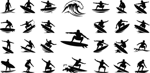 surfing silhouettes, surfer icons, black surf shapes, wave riders, surfboard poses, extreme sport, ocean action, beach lifestyle, vector set