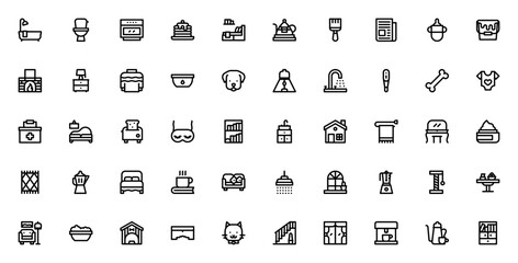 Home and living icon set. Vector illustration of houehold items including bathub, sofa, bed, oven, teapo, pet supplies and more. Mnimalist line icons.