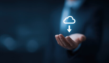 Cloud download icon above open hand in business suit conveying digital storage and data transfer with modern technology feeling