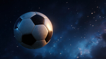 Naklejka premium Soccer ball sport ball black and white leather texture motion blur night sky close up of soccer ball suspended motion against starry night sky with dramatic lighting and visible leather texture