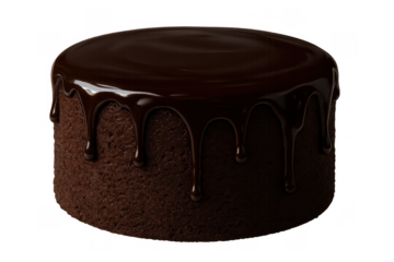Rich chocolate cake dripping with dark ganache frosting, a delicious indulgent sweet dessert on transparent background