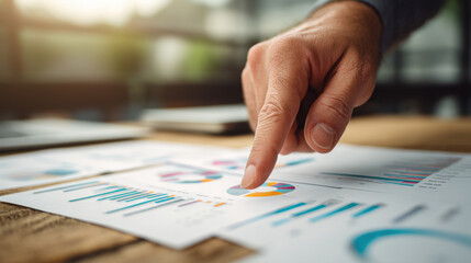 Businessman hand pointing at financial chart with colorful pie and bar graphs showing data analysis and strategy planning in office light
