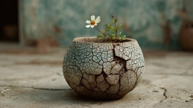 Small white flower growing from a cracked ceramic pot