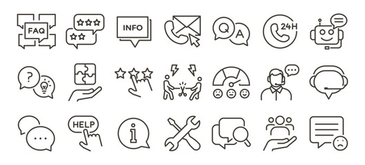 Customer service, technical support and FAQ line icon set. Contact center, chatbot, customer feedback vector symbols. Helpdesk, online assistance, review editable stroke outline icons