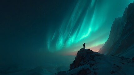 Solitary figure observes vibrant green atmospheric lights above snowy mountain peaks